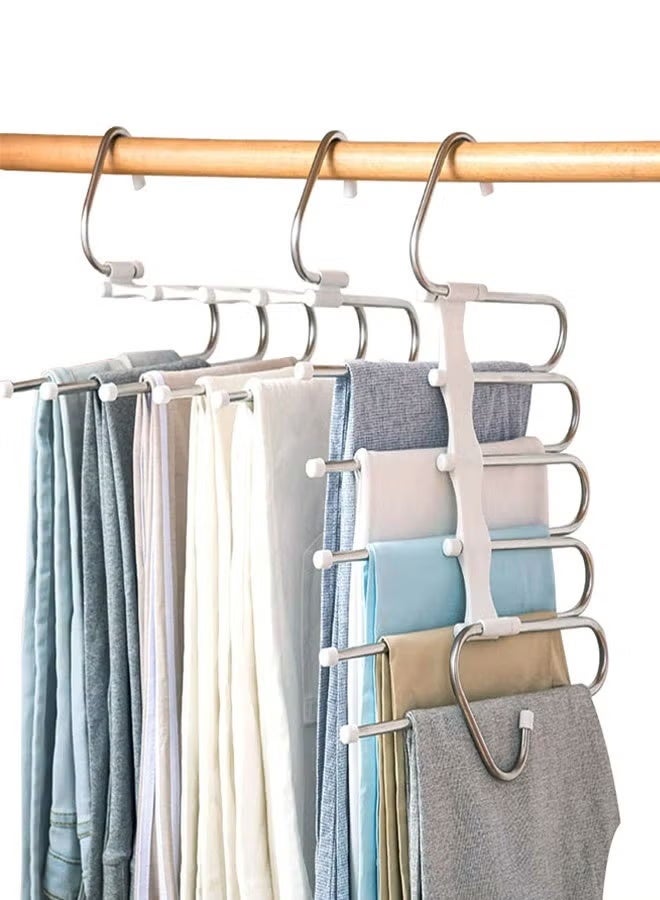 2-Pack 5 Tier Space Saving Pants Hanger – Multi Layer Closet Organizer Rack for Jeans, Trousers, Hijab, Scarves & Clothes, Vertical Wardrobe Storage Hanger with 10 Metal Clips - Image 1