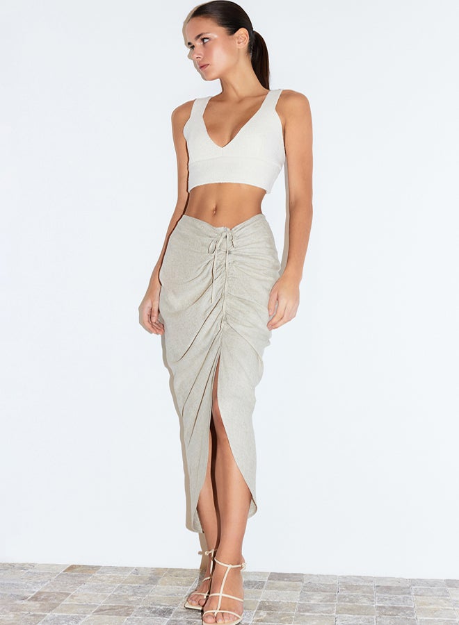 trendyol Beige Gather Detailed Cotton Linen Blend Midi Length Woven Skirt  - Image 2