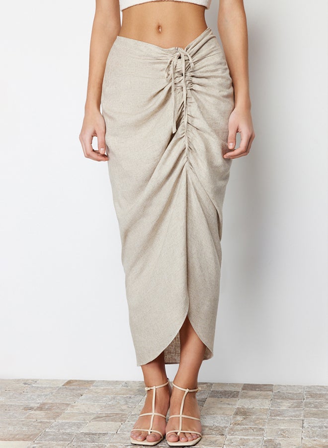 trendyol Beige Gather Detailed Cotton Linen Blend Midi Length Woven Skirt  - Image 3