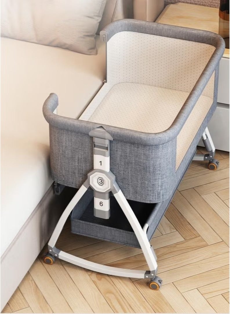 kidz Era 4 IN 1 Bedside Sleeper Crib for Baby – 6 Adjustable Height Levels, Locking 360° Wheels, Mosquito Net Ready, Easy Folding Portable Crib, Grey. - Image 1