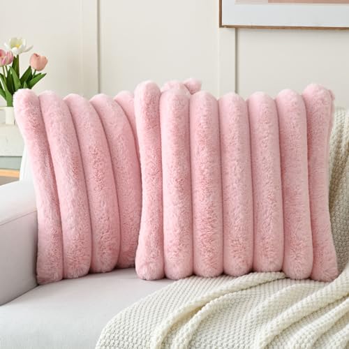 FUTEI Pink Decorative Throw Pillow Covers 18x18 Inch Set of 2 Square Soft Faux Rabbit Fur Thick Striped Cushion CoverSpring Home Decor for Couch Bed Living Room - Image 1