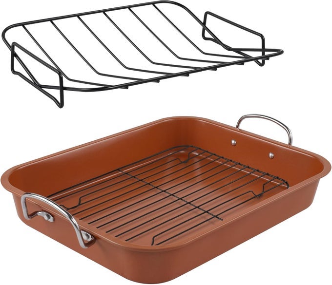 NONSTICK ROASTING PAN ROASTER WITH COOLING RACK AND VRACK 16 INCH RECTANGULAR TURKEY ROASTER LASAGNA PAN FOR EASTER THANKSGIVING CHRISTMAS DISHWASHER SAFE BRONZE