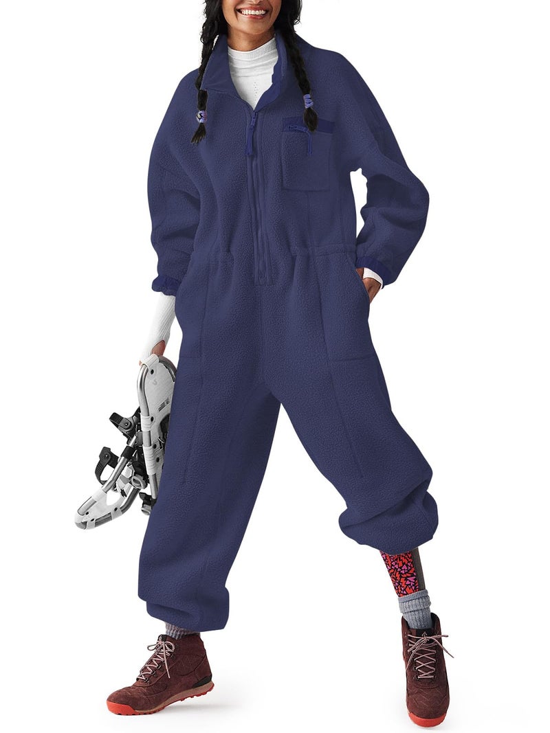 Yousify Winter Jumpsuits for Women Warm Fleece Overalls Funnel Neck Collar Elasticated Waist Fuzzy Ski Suit with Pockets Navy Blue XL - Image 1