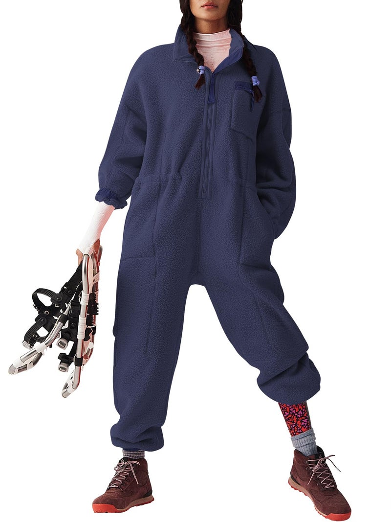 Yousify Winter Jumpsuits for Women Warm Fleece Overalls Funnel Neck Collar Elasticated Waist Fuzzy Ski Suit with Pockets Navy Blue XL - Image 4