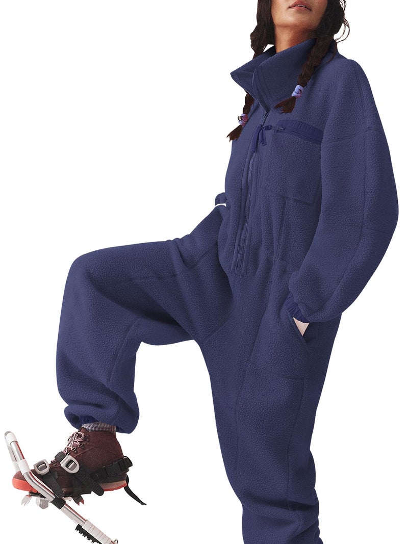 Yousify Winter Jumpsuits for Women Warm Fleece Overalls Funnel Neck Collar Elasticated Waist Fuzzy Ski Suit with Pockets Navy Blue XL - Image 3