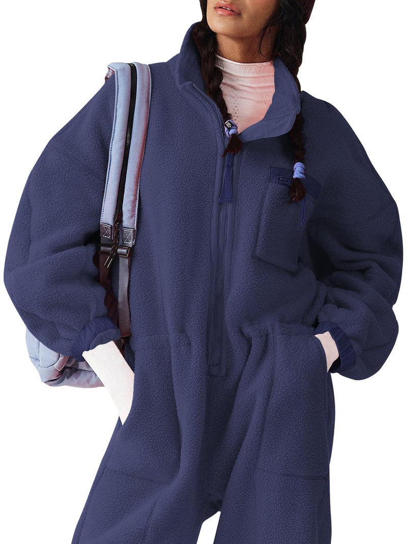 Yousify Winter Jumpsuits for Women Warm Fleece Overalls Funnel Neck Collar Elasticated Waist Fuzzy Ski Suit with Pockets Navy Blue XL - Image 2