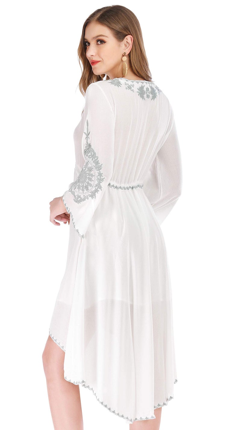 R.Vivimos Womens V Neck Bell Sleeve Vintage Floral Embroidered High Low Long Dresses Large White - Image 4