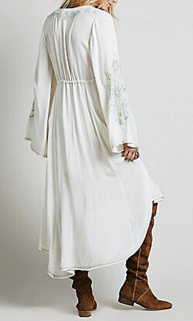 R.Vivimos Womens V Neck Bell Sleeve Vintage Floral Embroidered High Low Long Dresses Large White - Image 2