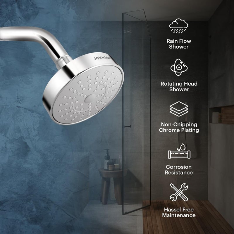 Johnson Bathrooms Johnson Pacific Overhead Shower with Shower Arm ABS Rain Flow Rotating 58mm long 102mm wide rounded shower head with 129mm long shower arm 1Year Warranty S0113CAMZ Chrome - Image 4