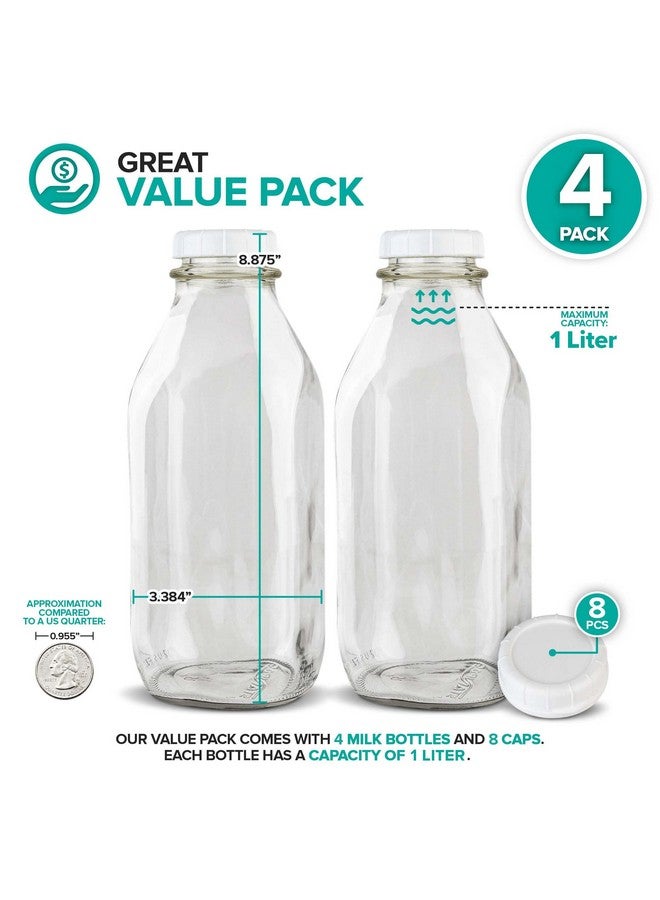 Stock Your Home 32-Oz Glass Milk Bottles with 8 White Caps (4 pack) - Food Grade Milk Jars with Lids - Dishwasher Safe - Bottles for Milk, Buttermilk, Honey, Maple Syrup, Jam, Barbecue Sauce- Stock Your Home - Image 2