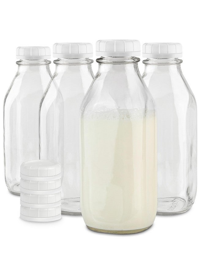 Stock Your Home 32-Oz Glass Milk Bottles with 8 White Caps (4 pack) - Food Grade Milk Jars with Lids - Dishwasher Safe - Bottles for Milk, Buttermilk, Honey, Maple Syrup, Jam, Barbecue Sauce- Stock Your Home - Image 1