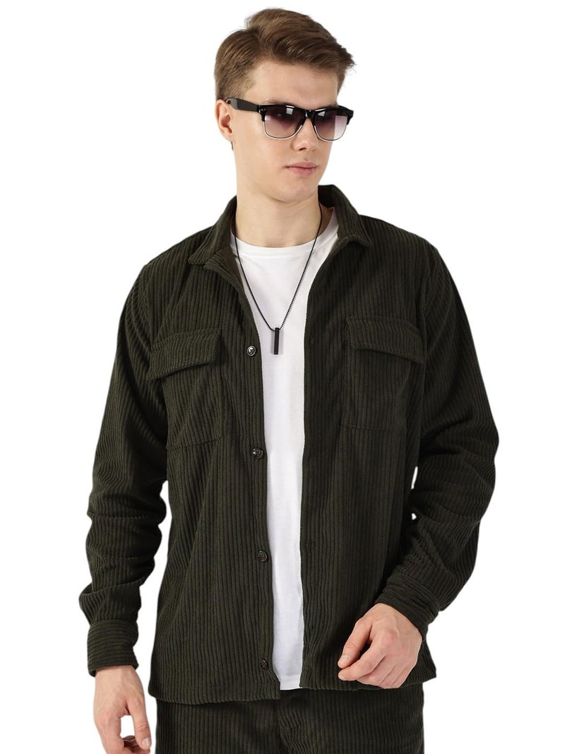 Thomas Scott Men Oversized Double Pocket Premium Corduroy Casual Shirt (TS1671_Olive, L) - Image 1