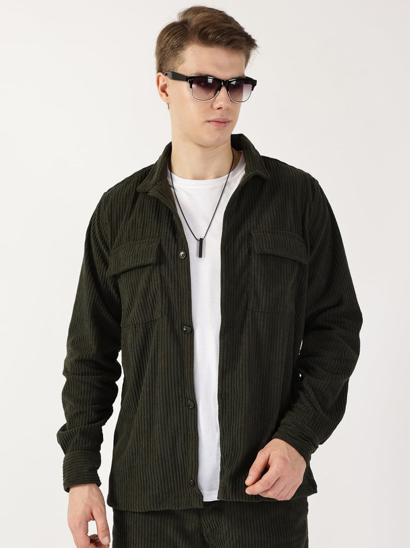 Thomas Scott Men Oversized Double Pocket Premium Corduroy Casual Shirt (TS1671_Olive, L) - Image 2