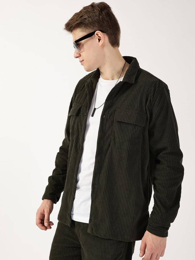Thomas Scott Men Oversized Double Pocket Premium Corduroy Casual Shirt (TS1671_Olive, L) - Image 3