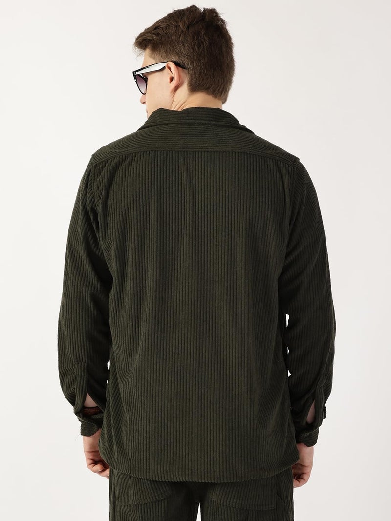 Thomas Scott Men Oversized Double Pocket Premium Corduroy Casual Shirt (TS1671_Olive, L) - Image 4