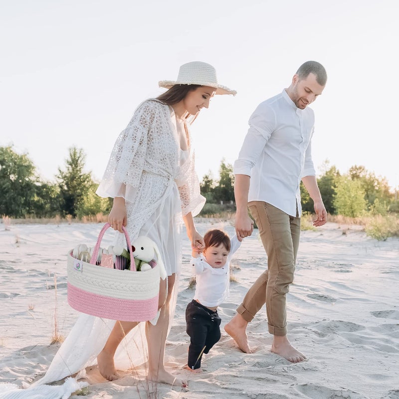 KiddyCare منظم حفاضات كيدي كير المنسوج، سلة أطفال كبيرة رمادية متعددة الوظائف محمولة مع مقبض، هدية للأطفال للأولاد/البنات لتخزين الحضانة، التنظيم، ومنظم حفاضات السيارة الحديثة باللون الوردي X-Large - Image 3