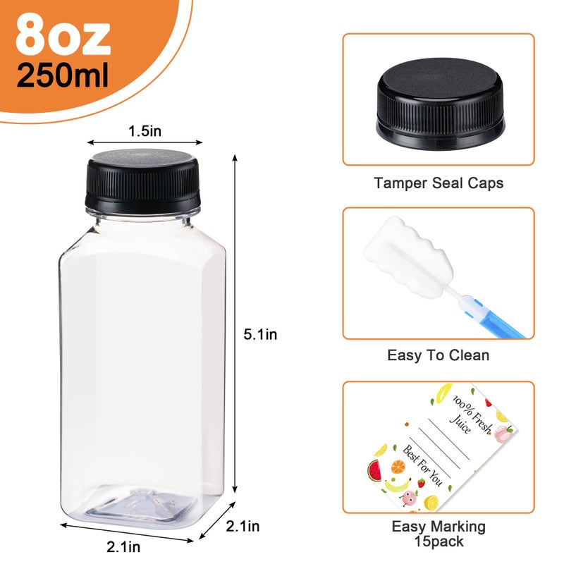 BOOMIBOO Juice Bottles with Caps15Pcs 8oz, Plastic Bottles with Caps, Clear Reusable Water Bottle, Juice Containers - with 15Pcs Labels & Bottle Brush - Image 2