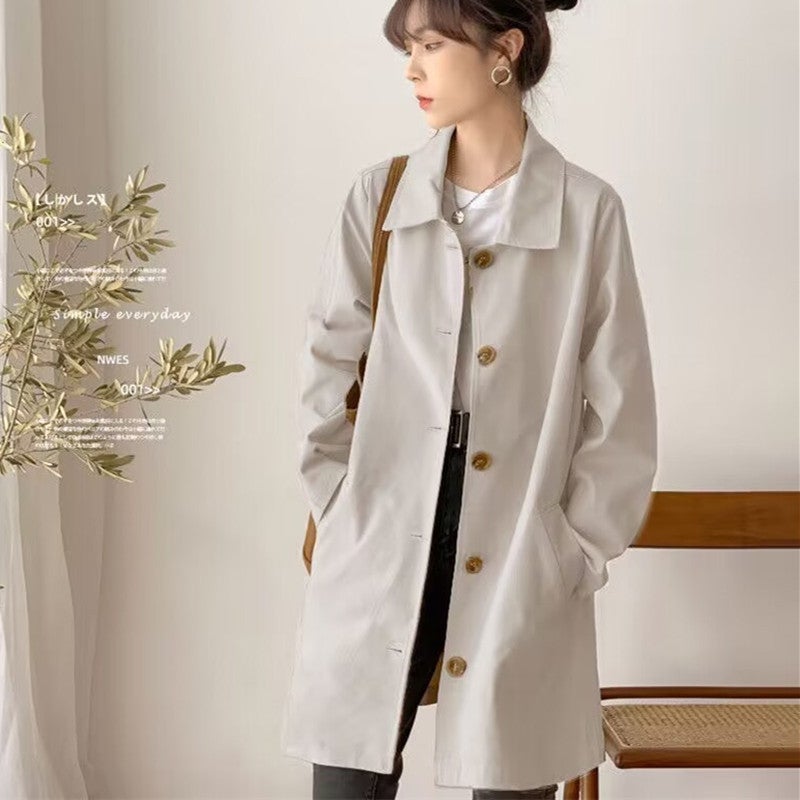 Spring and Autumn top womens Korean-style loose windbreaker womens artistic mid-length simple solid color all-matching coat for junior students Fashion Beige 