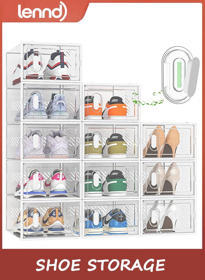 لينند تخزين الأحذية، 12 قطعة من منظم الأحذية للخزانة، صناديق أحذية بلاستيكية شفافة قابلة للتكديس مع أغطية - Image 1
