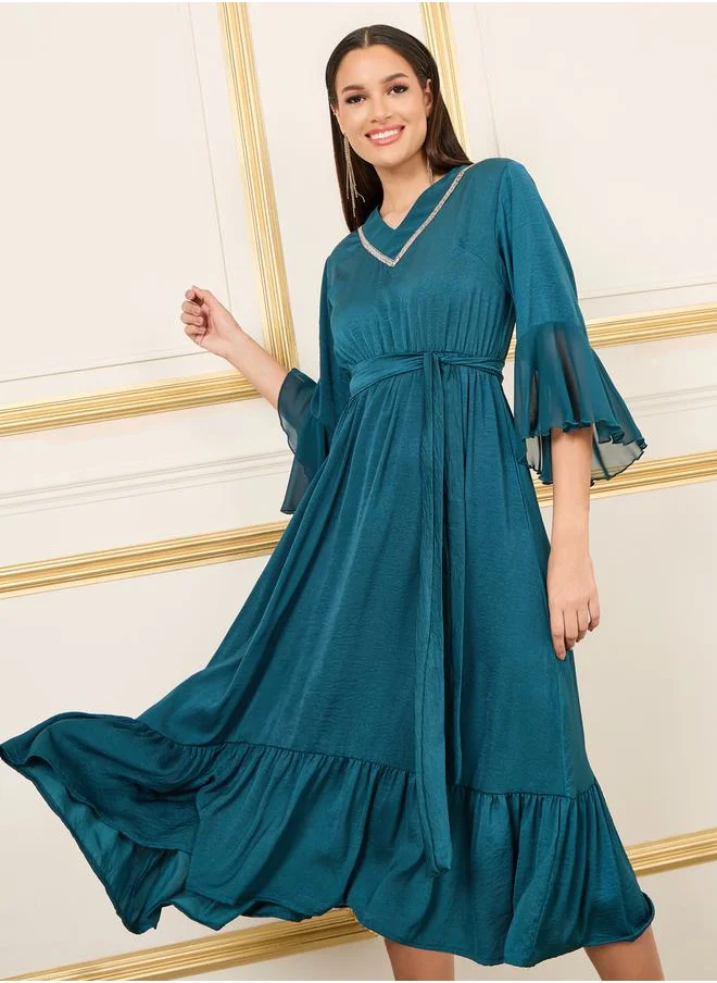 ستايلي Embroidered 3/4 Sleeves A-Line Midi Dress with Tie Belt