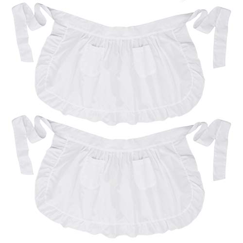 LilMents Twin Pack Retro Kitchen Ruffles Waist Apron with Pockets (White) - Image 1