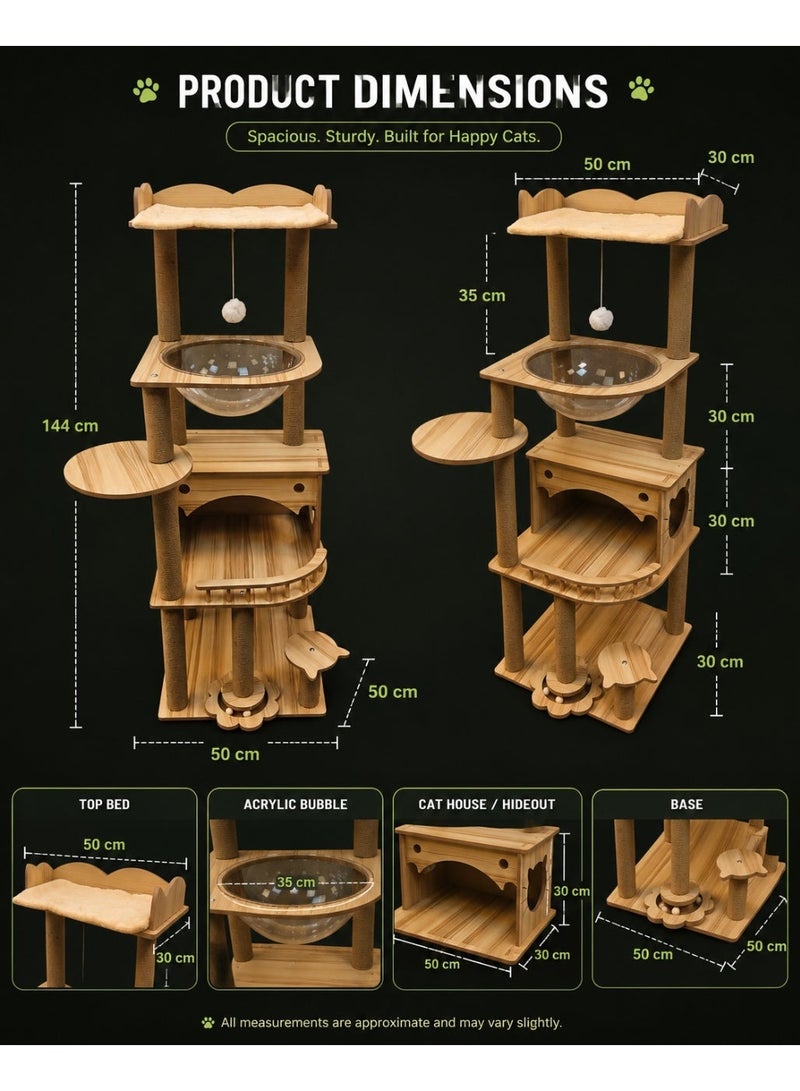 Modern Wooden Cat Tree with Acrylic Bubble Bed, Cat House, Sisal Scratching Posts & Multi-Level Activity Center – 144 cm - Image 2