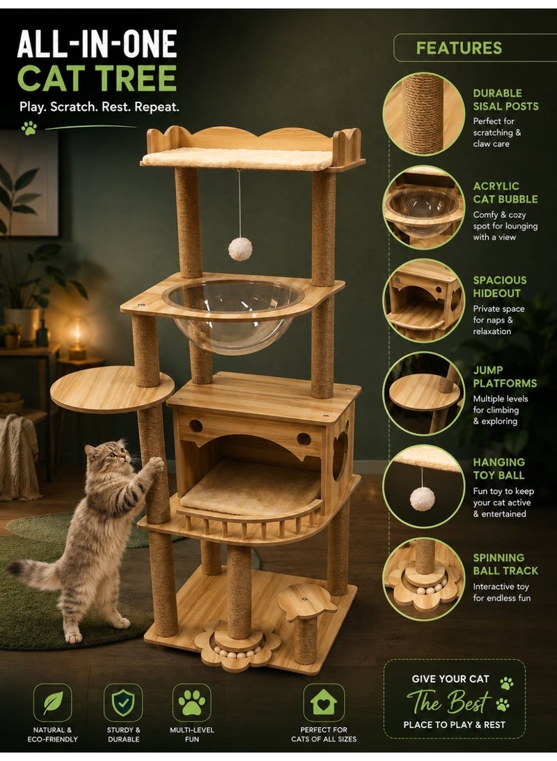Modern Wooden Cat Tree with Acrylic Bubble Bed, Cat House, Sisal Scratching Posts & Multi-Level Activity Center – 144 cm - Image 1