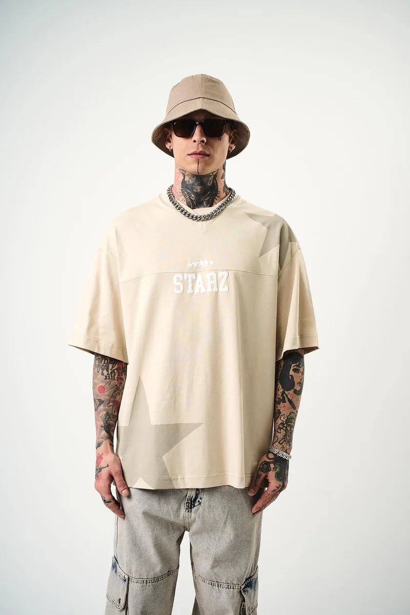 RESPIRE Men's 22 Starz Print Oversize T-Shirt, Beige