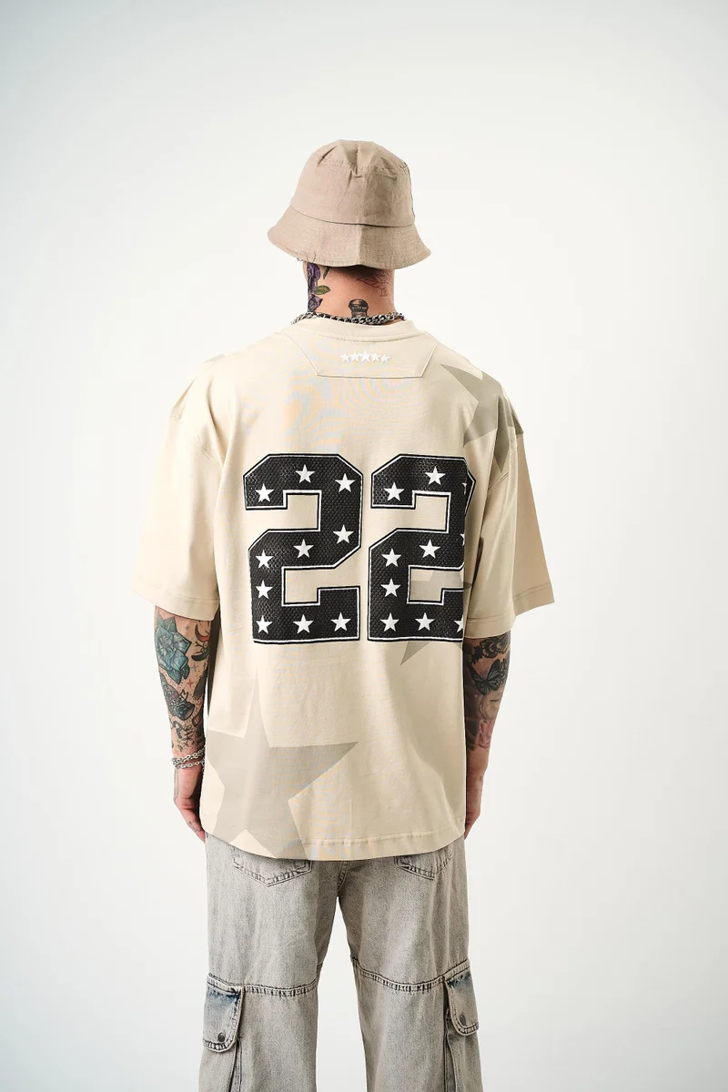 RESPIRE Men's 22 Starz Print Oversize T-Shirt, Beige