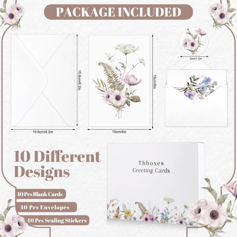 Thboxes Blank Cards and Envelopes, 40 Pack Blank Note Cards 4x6 in Elegant Floral Greeting Card with Sealing Stickers, Note Card Stationary Set for Birthday, Wedding, Easter All Occasions (10 Designs) - Image 2
