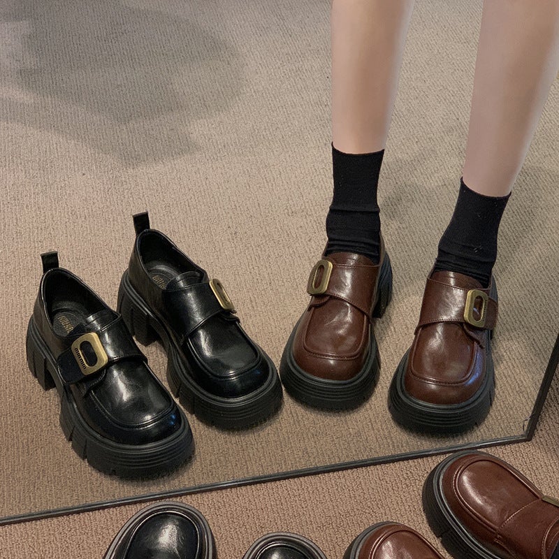 Full Cowhide ~ British Style Joker Height-Increasing Velcro Loafers Fall/Winter Retro Thick Sole Small Leather Shoes - Image 4