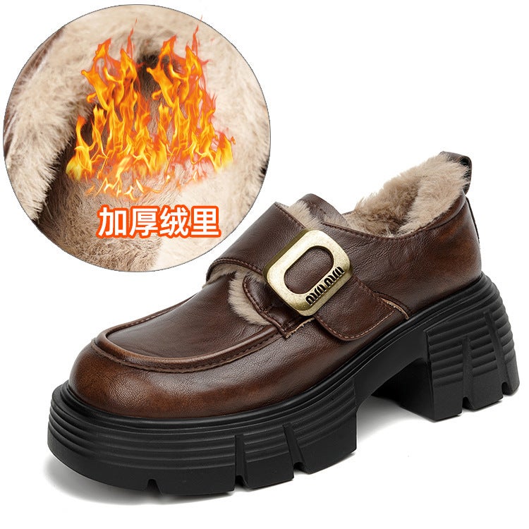 Full Cowhide ~ British Style Joker Height-Increasing Velcro Loafers Fall/Winter Retro Thick Sole Small Leather Shoes - Image 1