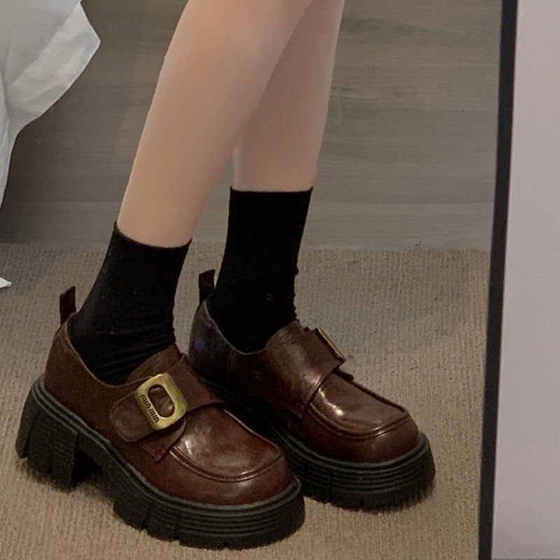 Full Cowhide ~ British Style Joker Height-Increasing Velcro Loafers Fall/Winter Retro Thick Sole Small Leather Shoes - Image 2