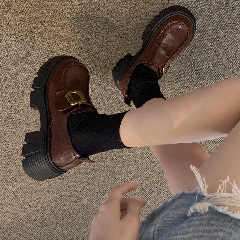 Full Cowhide ~ British Style Joker Height-Increasing Velcro Loafers Fall/Winter Retro Thick Sole Small Leather Shoes - Image 3