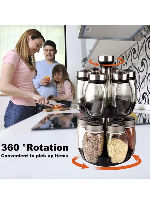 13 Pcs Spice Organizer Includes 360° Rotating Spice Rack And 12 Glass Spice Jars For Salt Pepper Herb Spice Container Condiment Set Seasoning Cruet For Kitchen Countertop (2 Tier)