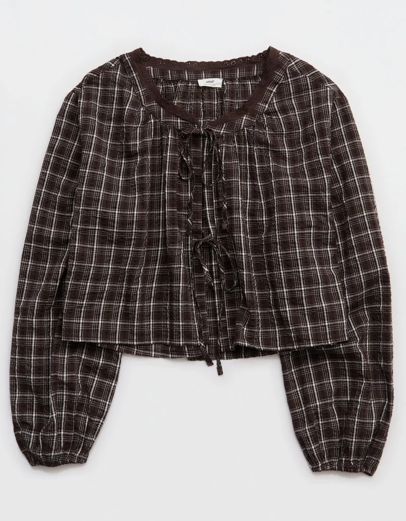 Aerie  Aerie Seersucker Long Sleeve Volume Tie Top for Women | Best Price UAE