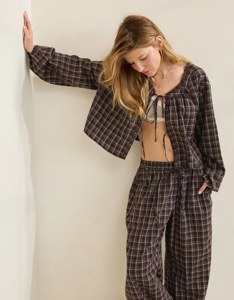 Aerie  Aerie Seersucker Long Sleeve Volume Tie Top for Women | Best Price UAE