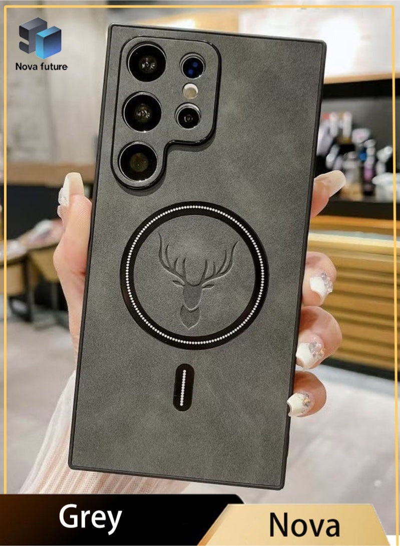 Nova future Lambskin Leather Elk Pattern Case For Samsung S24 Ultra Shockproof Magnetic For Magsafe Wireless Charge Cover Soft Faux Leather Phone Case,[Compatible with Mag-Safe] Premium Protective Cover (Grey) - Image 1
