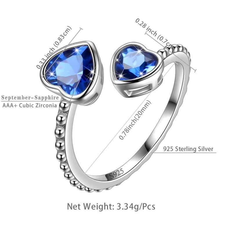 Juwaliy September Birthstone Ring Sapphire 925 Sterling Silver Double Hearts Rings Blue Women Jewelry Christmas Birthday Mother's Day Gifts - Image 4