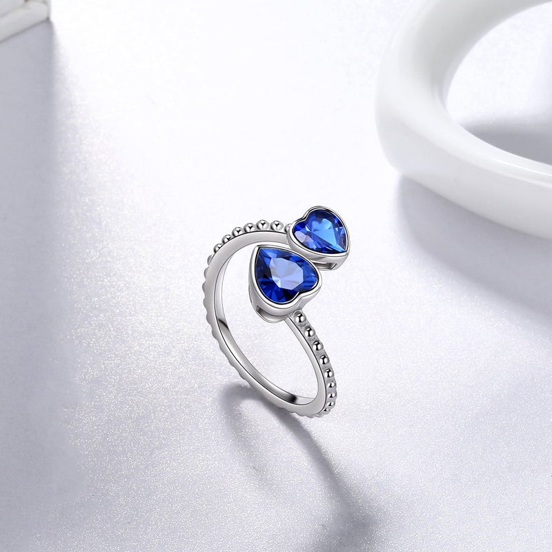 Juwaliy September Birthstone Ring Sapphire 925 Sterling Silver Double Hearts Rings Blue Women Jewelry Christmas Birthday Mother's Day Gifts - Image 5