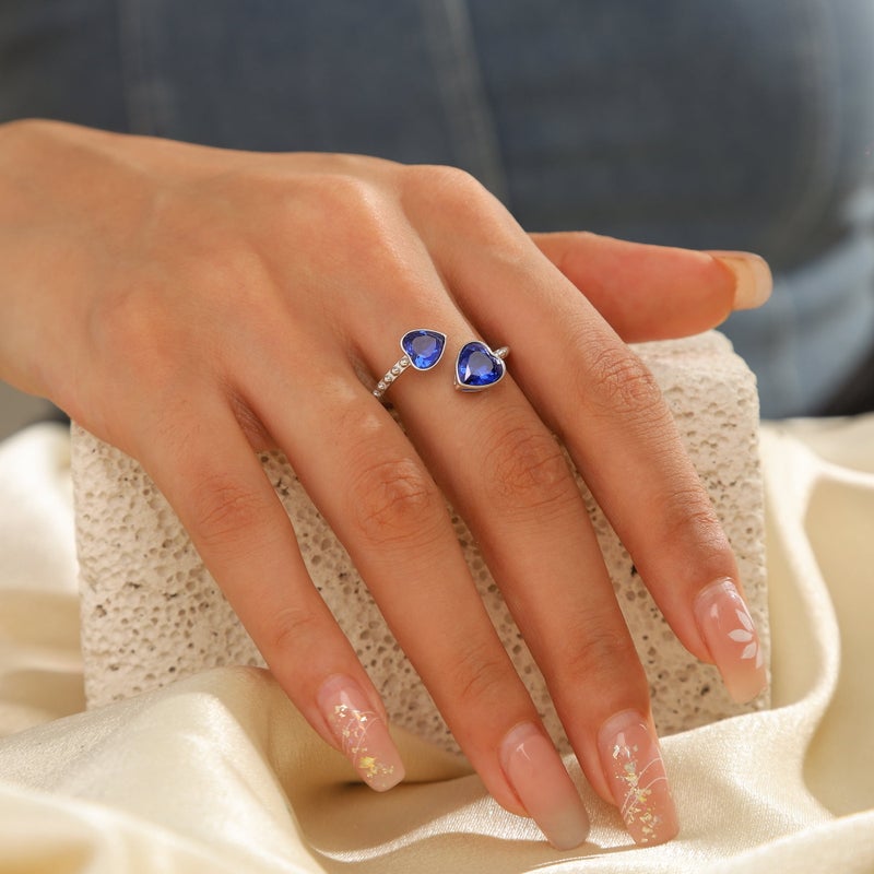 Juwaliy September Birthstone Ring Sapphire 925 Sterling Silver Double Hearts Rings Blue Women Jewelry Christmas Birthday Mother's Day Gifts - Image 2