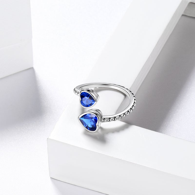 Juwaliy September Birthstone Ring Sapphire 925 Sterling Silver Double Hearts Rings Blue Women Jewelry Christmas Birthday Mother's Day Gifts - Image 3
