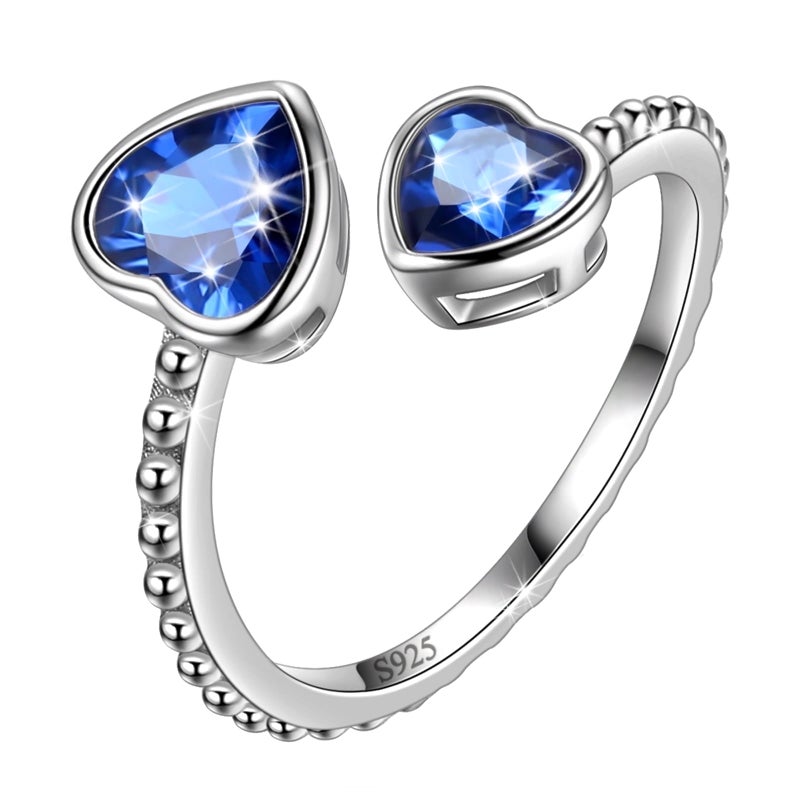 Juwaliy September Birthstone Ring Sapphire 925 Sterling Silver Double Hearts Rings Blue Women Jewelry Christmas Birthday Mother's Day Gifts - Image 1