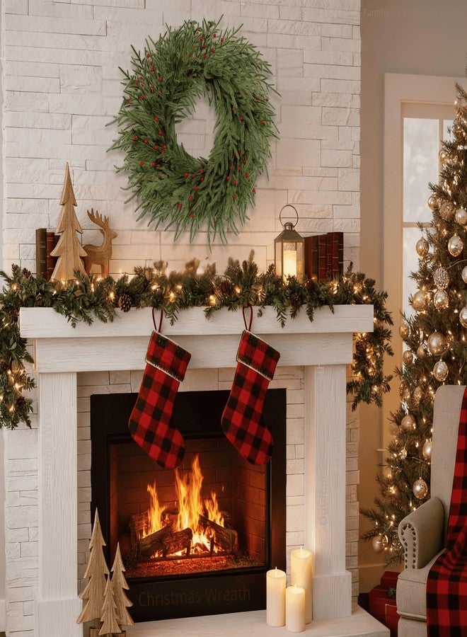 Quixem 22 Inch Real Touch Norfolk Pine Wreath, Artificial Soft Greenery Christmas Wreath with Petite Red Berries, Minimalist Winter Holiday Decor for Front Door Mantel - Image 4