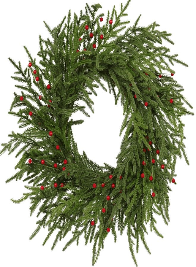 Quixem 22 Inch Real Touch Norfolk Pine Wreath, Artificial Soft Greenery Christmas Wreath with Petite Red Berries, Minimalist Winter Holiday Decor for Front Door Mantel - Image 1