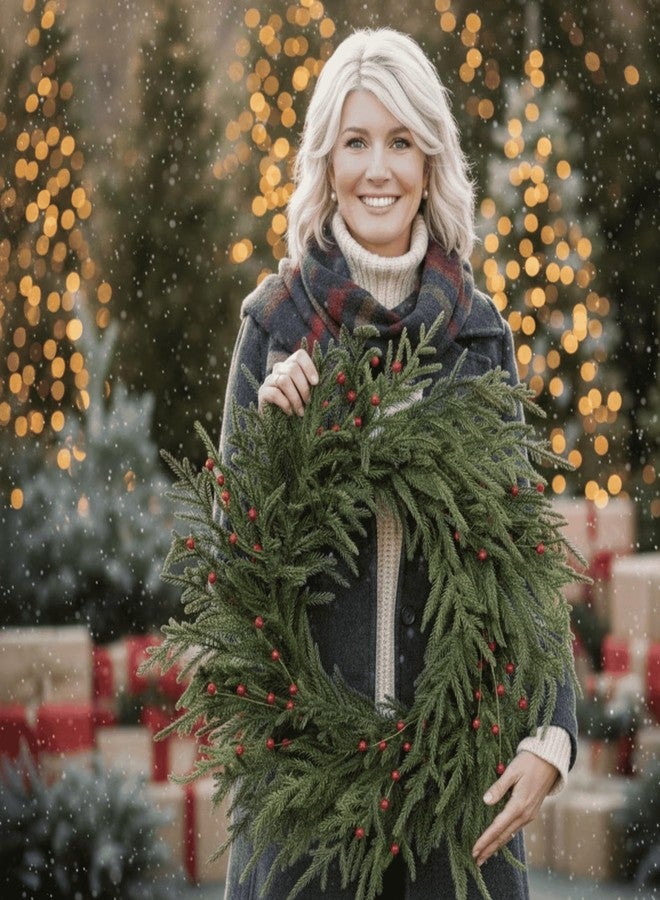 Quixem 22 Inch Real Touch Norfolk Pine Wreath, Artificial Soft Greenery Christmas Wreath with Petite Red Berries, Minimalist Winter Holiday Decor for Front Door Mantel - Image 5