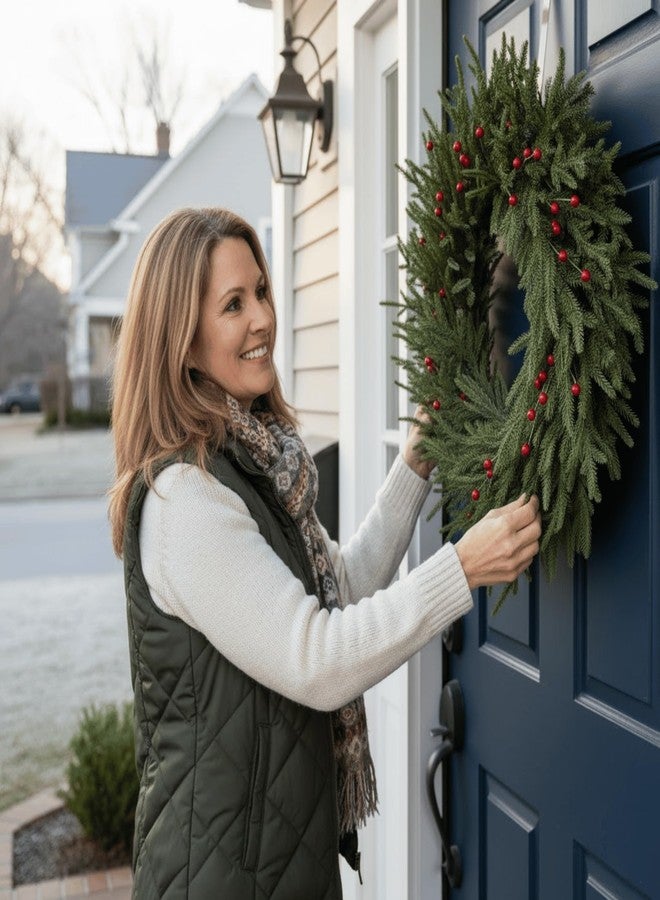 Quixem 22 Inch Real Touch Norfolk Pine Wreath, Artificial Soft Greenery Christmas Wreath with Petite Red Berries, Minimalist Winter Holiday Decor for Front Door Mantel - Image 3