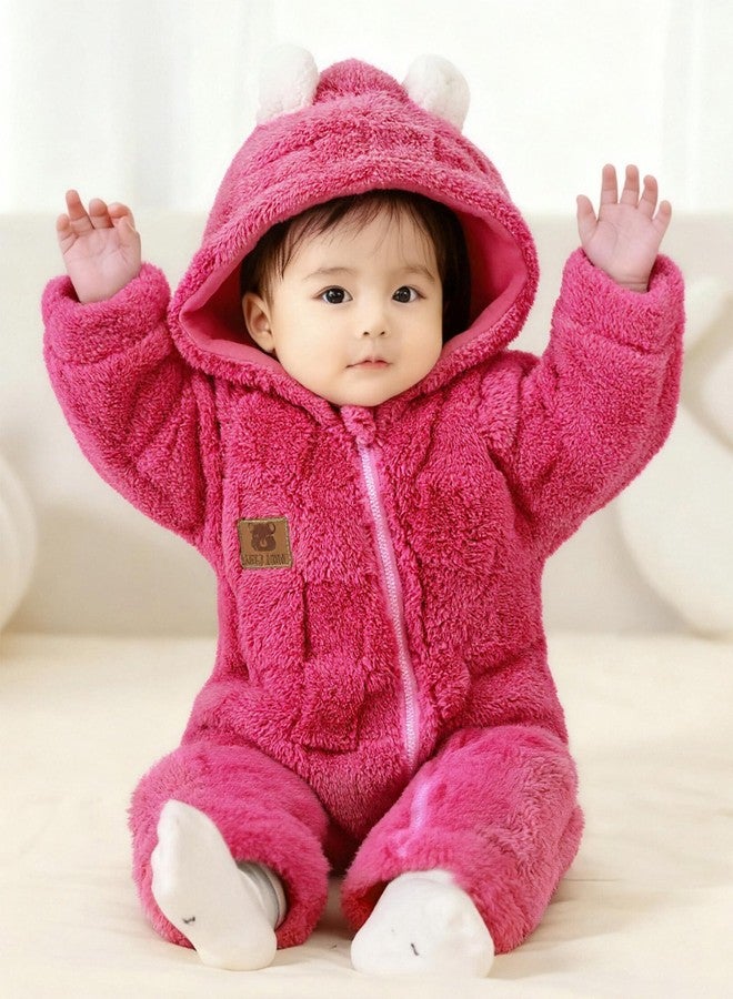 Redair Baby Fleece Hooded Outfits Newborn Warm Romper Infant One Piece Jumpsuit Rose Red Winter 6-12 Months - Image 4