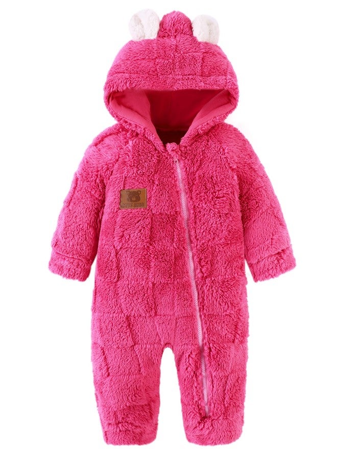 Redair Baby Fleece Hooded Outfits Newborn Warm Romper Infant One Piece Jumpsuit Rose Red Winter 6-12 Months - Image 1