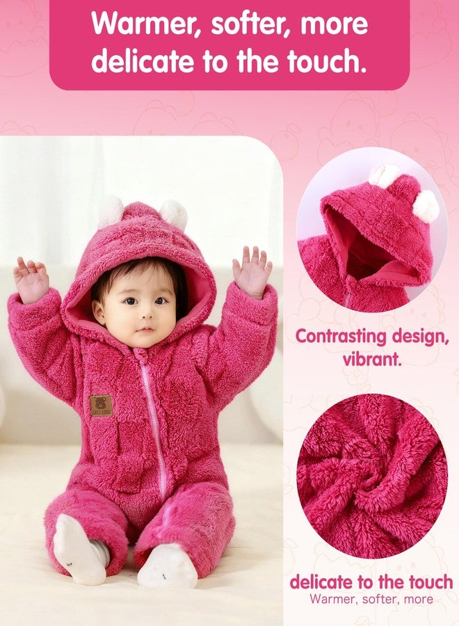 Redair Baby Fleece Hooded Outfits Newborn Warm Romper Infant One Piece Jumpsuit Rose Red Winter 6-12 Months - Image 2